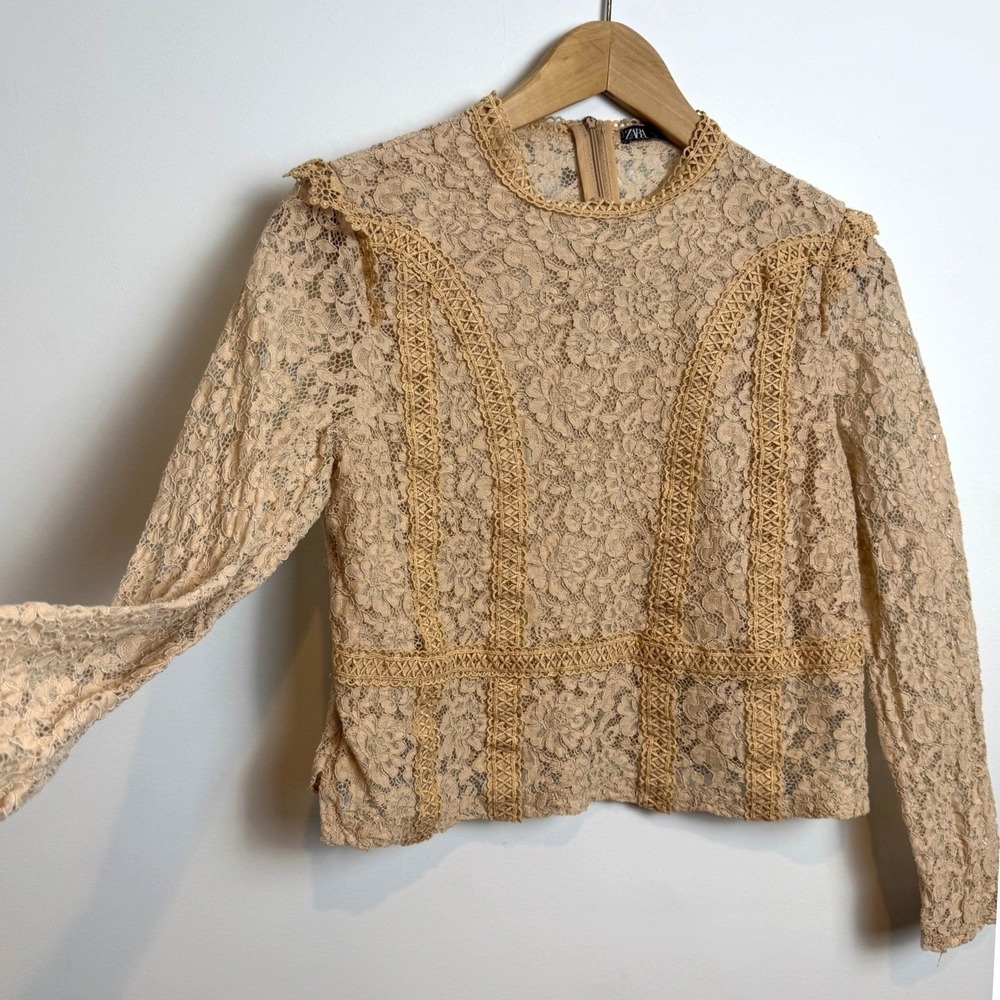 Zara Lace Crochet Top Womens Small Tan Sheer Boho Cottagecore Romantic Fairycore